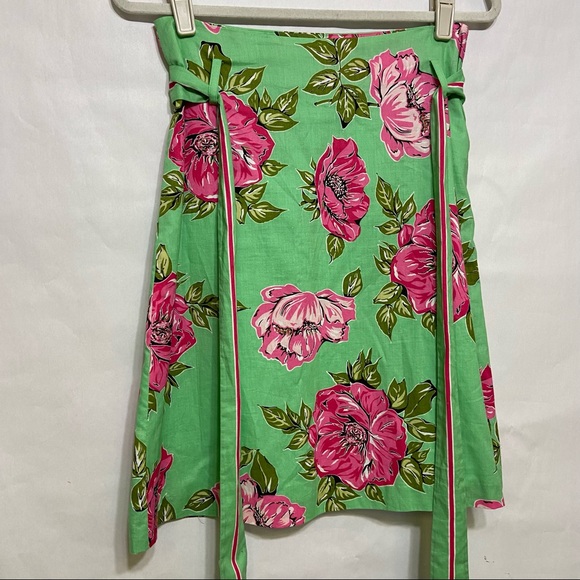 TIBI COTTON GREEN PINK FLORAL FLOWERS TIE WAIST SKIRT - Picture 3 of 15